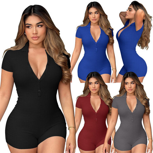 2024NEW Women sexy short rompers with lapels skinny jumpsuit