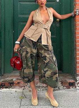 Women's fashion casual camouflage workwear wide leg pants