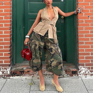 Women's fashion casual camouflage workwear wide leg pants