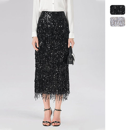 Women tassel sequin slit fashion bag hip skirt流苏亮片半身裙