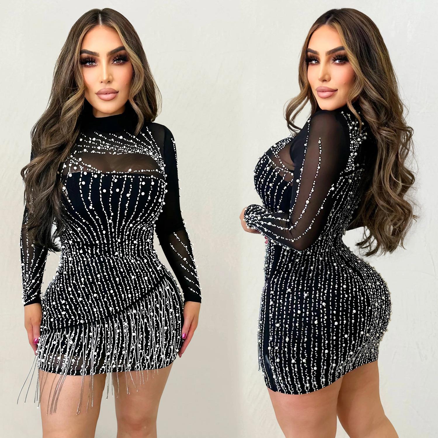 see-though bling mesh sequin dress women stage flash skirt