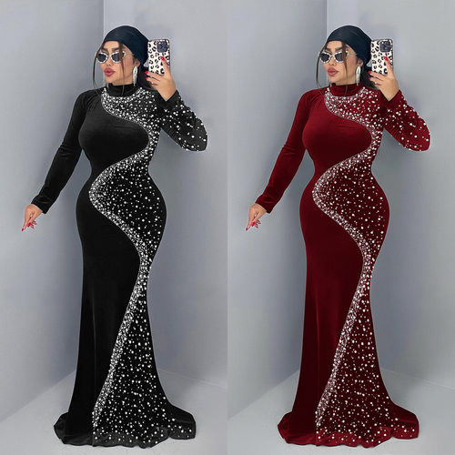 2026 Fashion women's elegant velvet rhinestone party dress