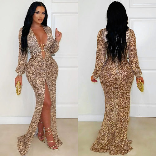 2025women's sexy deep V leopard print slit arm-hugging dress