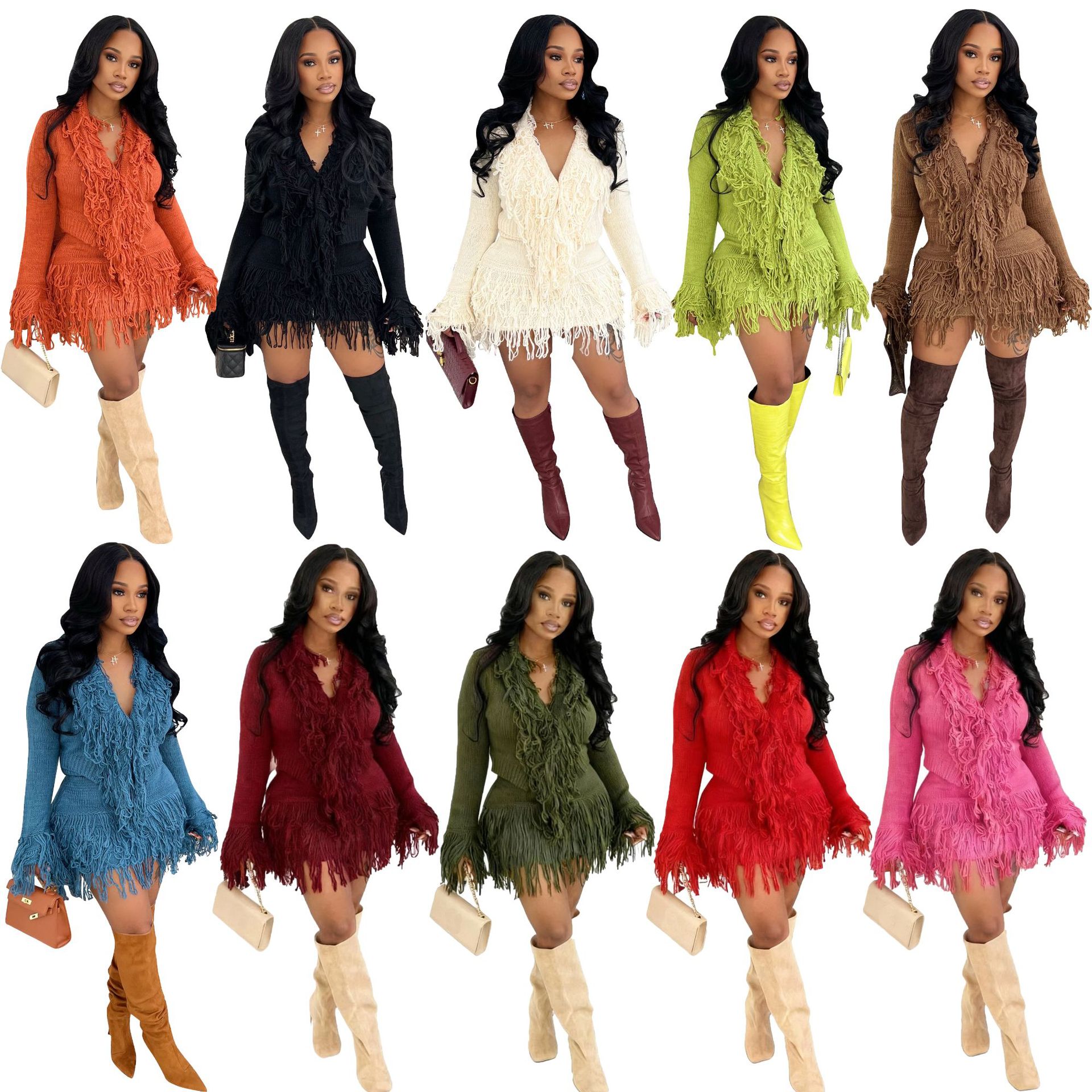 New knitted women's skirt two-piece set 针织手钩包臀裙套装