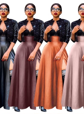 2025 New fashion women's sexy PU high-slit skirt leather