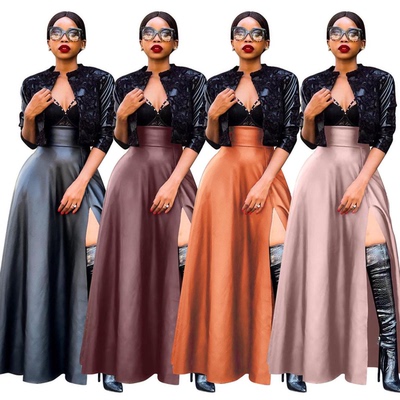 2025 New fashion women's sexy PU high-slit skirt leather