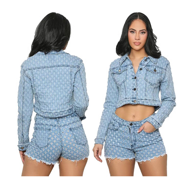 2025 two-piece set of new women's casual ripped denim shorts