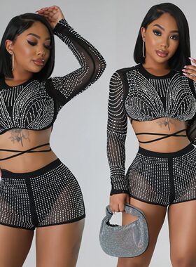 2025 summer sequin 2 piece set mesh bling t-shirt & shorts