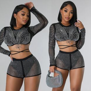2025 summer sequin 2 piece set mesh bling t-shirt & shorts
