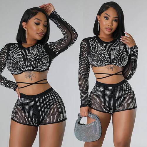 2025 summer sequin 2 piece set mesh bling t-shirt & shorts