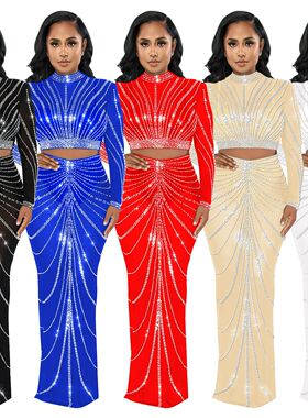 stage studded sequin 2 piece dress for women mesh host skirt