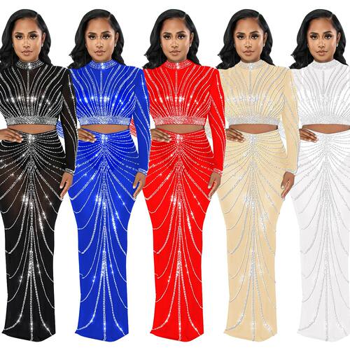 stage studded sequin 2 piece dress for women mesh host skirt