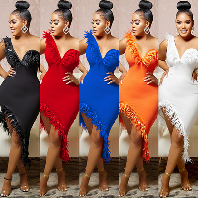 2025 New fashion women's V-neck party skirt feather dress