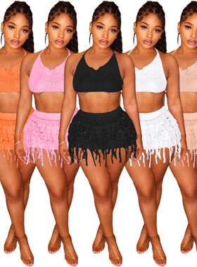 New Knitted Tassel Hollow Out Skincare Sexy Two Piece Set