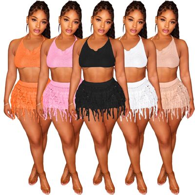 New Knitted Tassel Hollow Out Skincare Sexy Two Piece Set