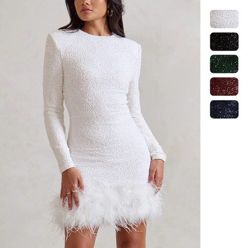 Women's sexy long sleeved solid color sequin feather dress