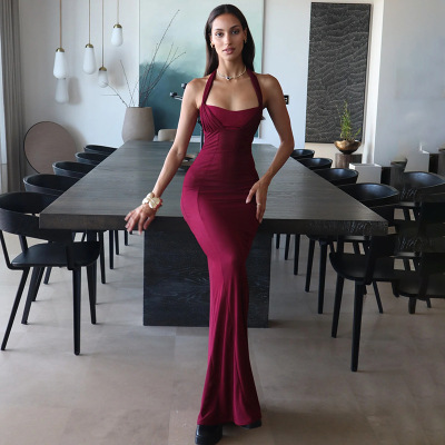 2024 sexy halter splicing backpack buttock dress hip skirt