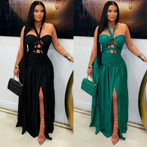 2026 New Women's Hanging Neck Neckline Party Open Fork Dress
