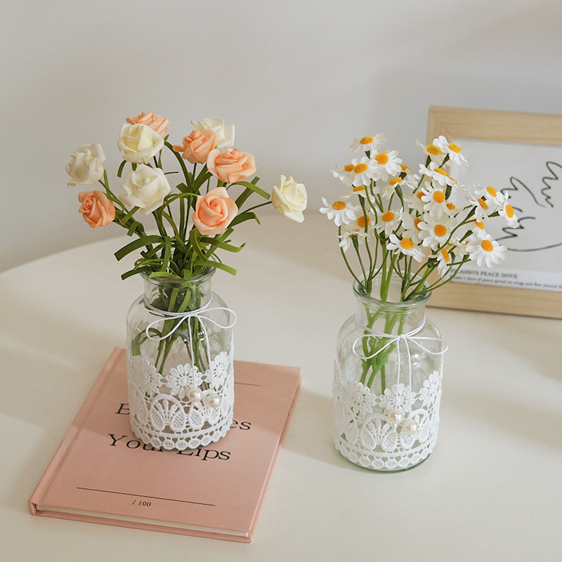 小清新蕾丝花边玻璃花瓶 假花小玫瑰仿真花客厅插花桌面装饰摆件