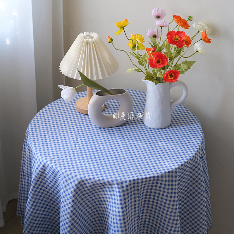 ins风棉麻蓝色格子窗帘布桌布