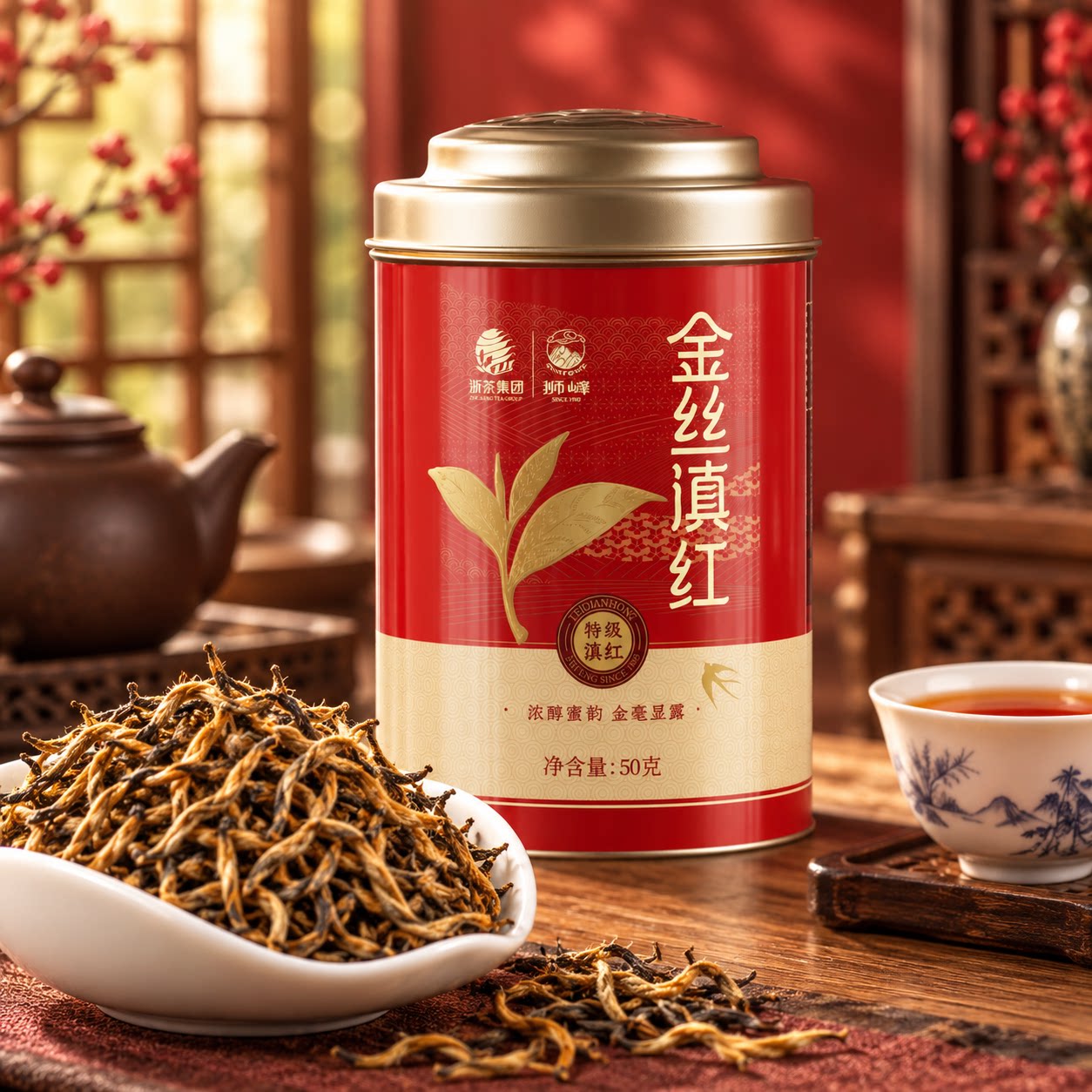 狮峰牌金丝云南特级滇红茶叶罐装图片