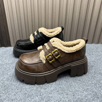 撤柜处理真皮英伦风加绒乐福鞋女厚底增高复古金属扣保暖小皮鞋女