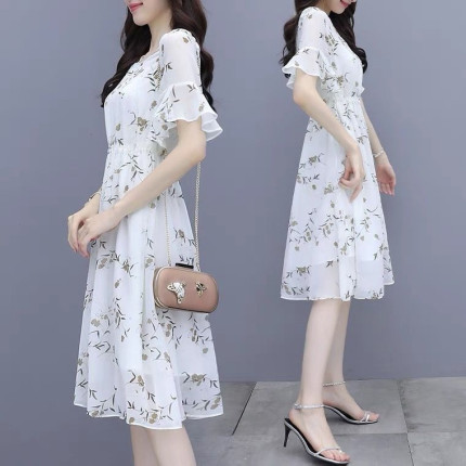 碎花雪纺连衣裙女2025夏季新款中长款小个子宽松显瘦遮肚a字裙子