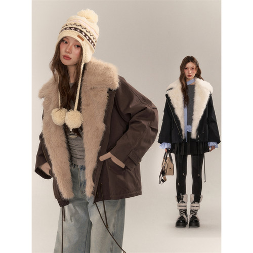 AsGony 实用主义工装可拆卸仿皮草派克服