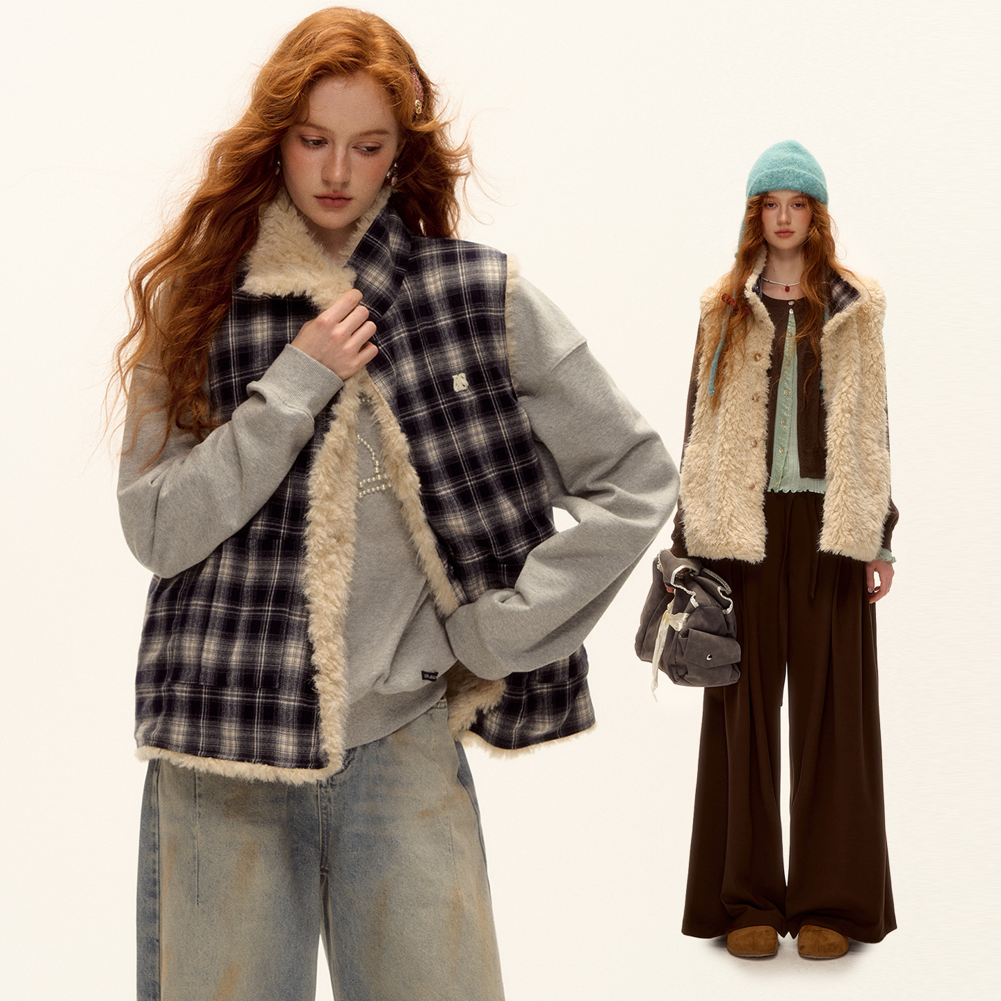 AsGony 两面穿格纹毛绒纽扣立领背心时尚加厚休闲短款马甲上衣女