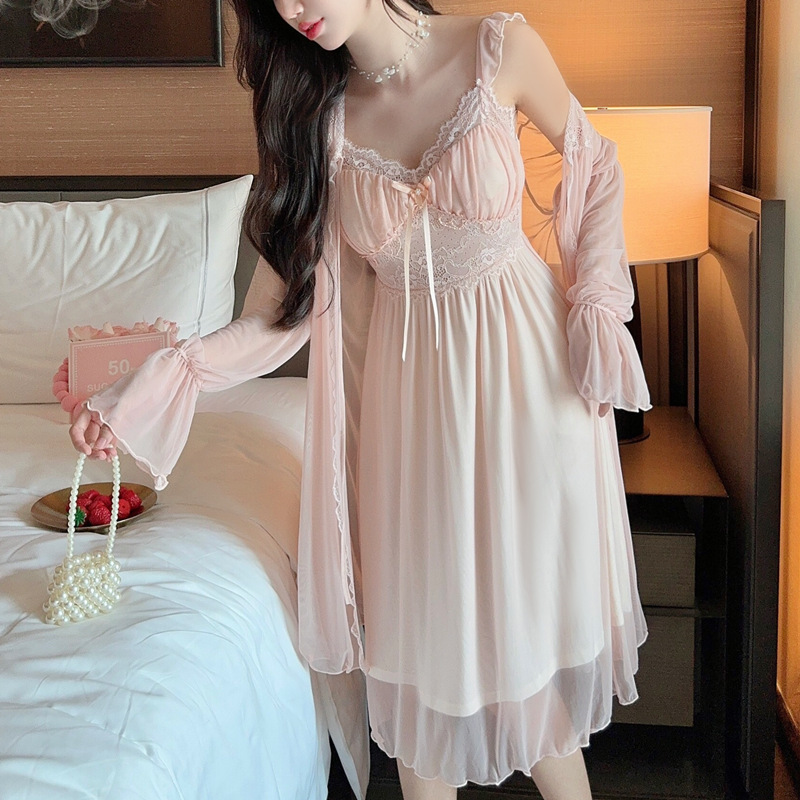 夏季宫廷网纱抹胸睡衣性感带胸垫吊带睡裙睡袍两件套可外穿家居服