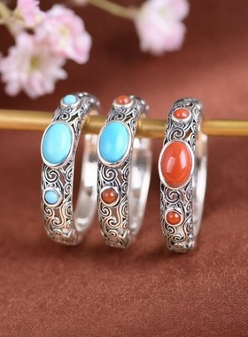 S925银祥云纹镶南红银饰女款指环