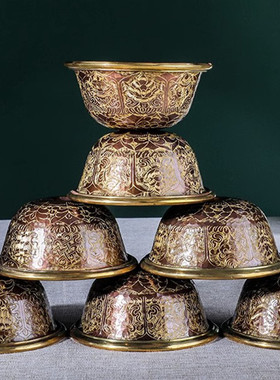 尼泊尔黄铜手工古色雕花供水杯