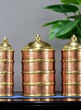 三层八吉祥米盒红铜雕花糌粑米罐