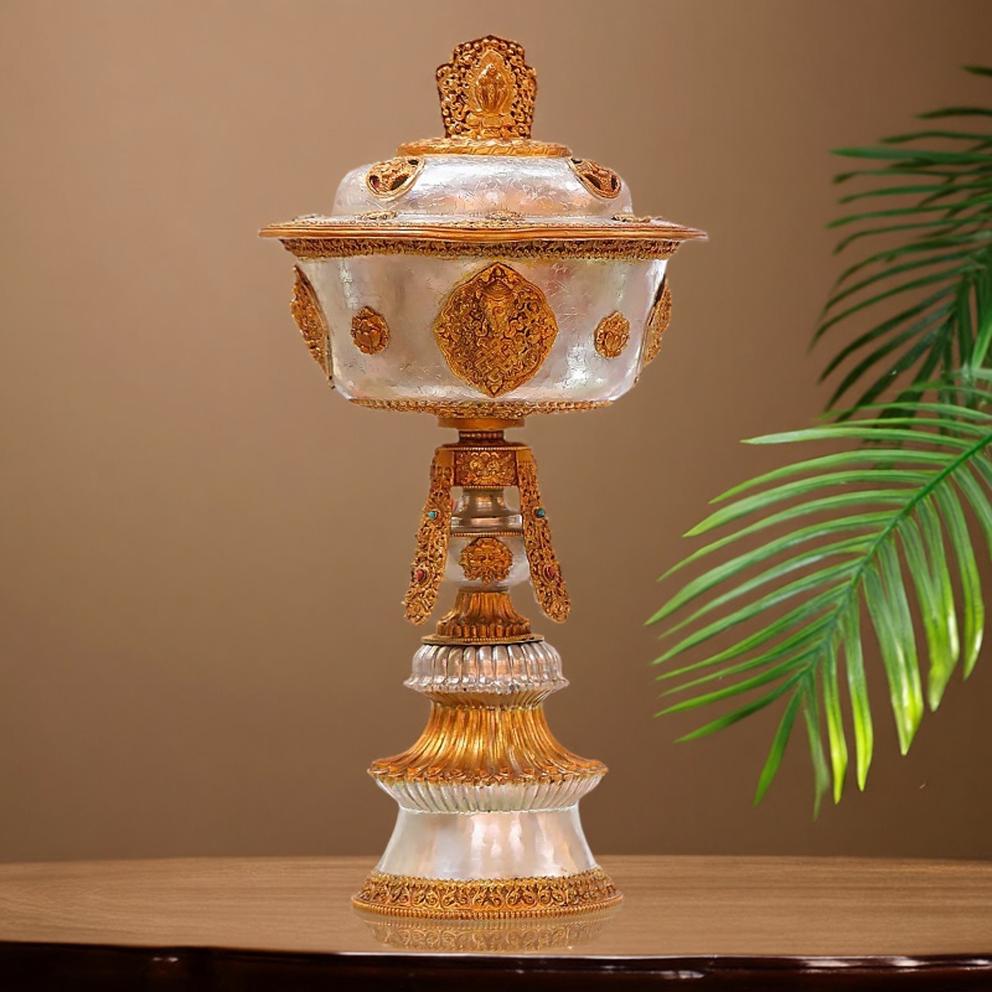 铜鎏金鎏银酥油灯座尼泊尔居家供奉长明灯防风灯盏供灯一对高52cm