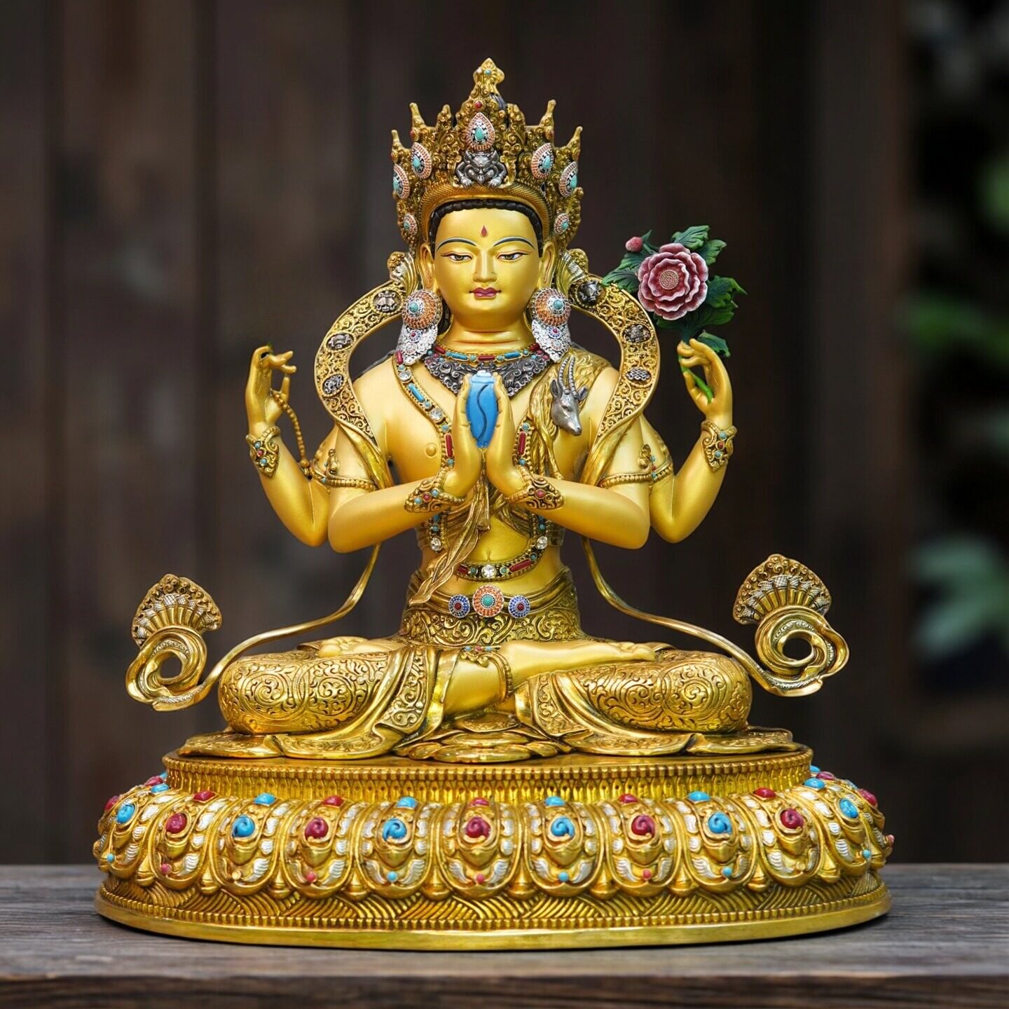 尼泊尔工艺半彩绘四臂观音佛像纯铜手工精工錾刻观音菩萨摆件10寸