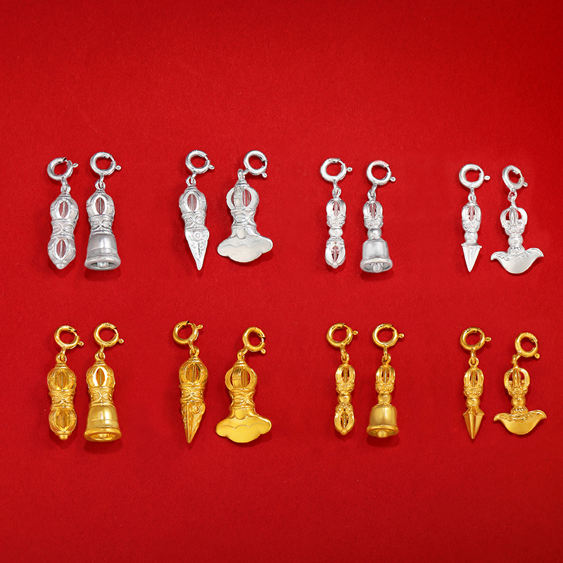 纯银S925镀金铃杵钺刀吊坠五股铃杵文玩卡子吊坠diy手串配饰挂件