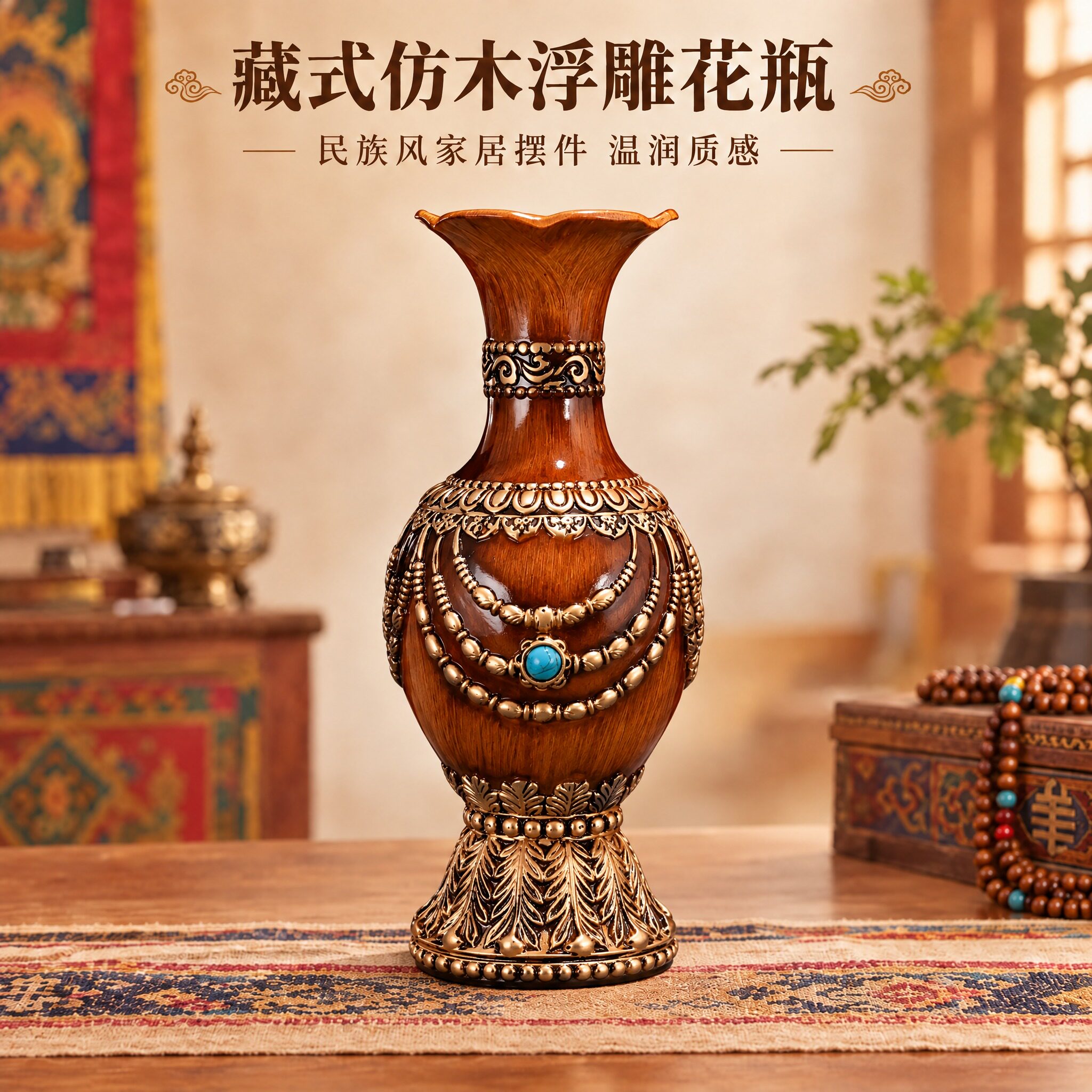 藏式仿木树脂八吉祥花瓶摆件