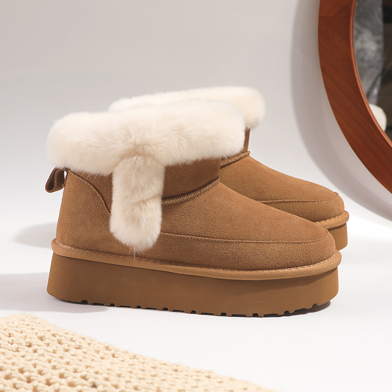 焦点女孩牛皮雪地靴女兔毛口冬季真皮保暖中筒短筒斜口女款棉鞋靴