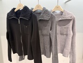 绵羊毛细坑条显瘦高级感双头拉链手工毛领流苏圈圈式 翻领针织毛衣