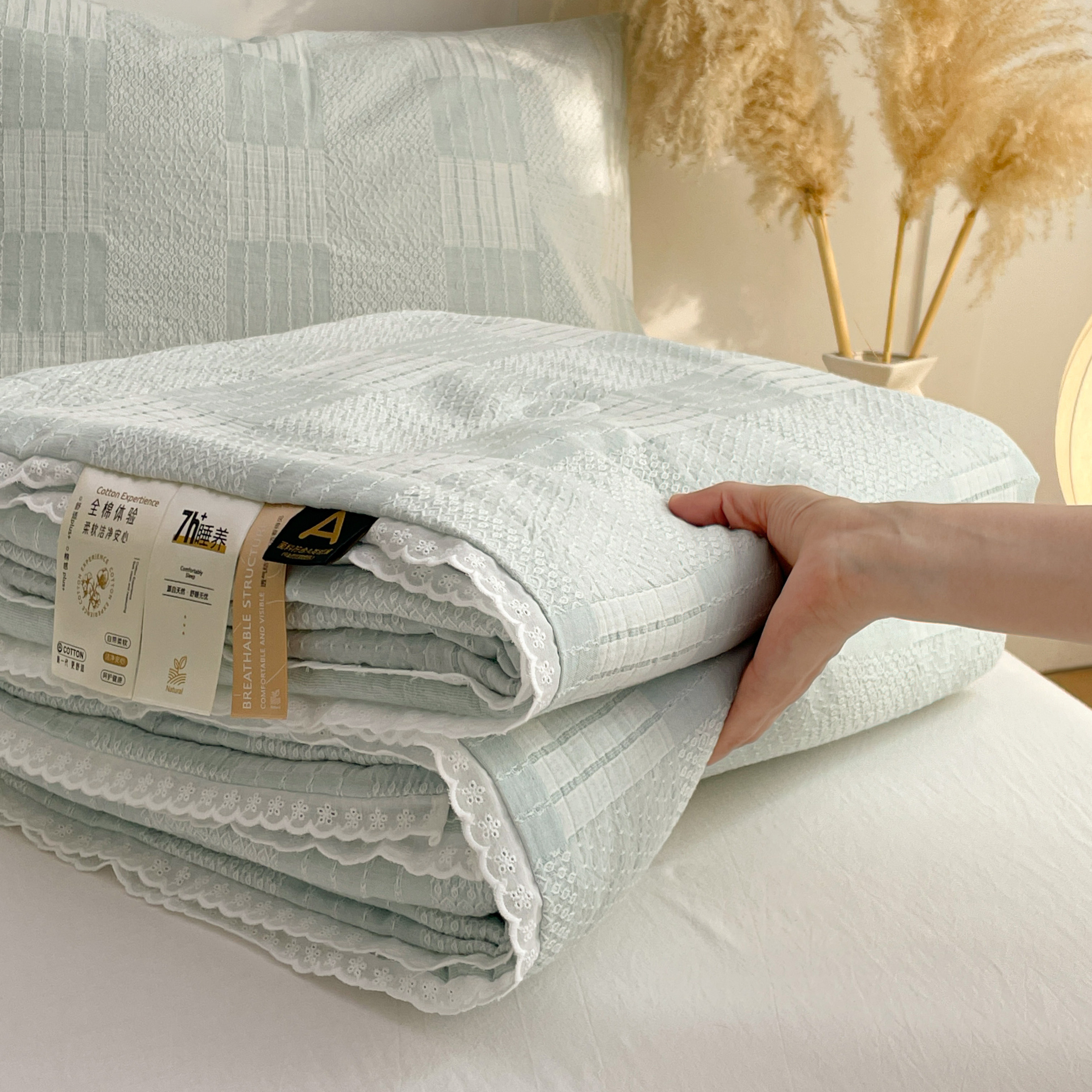 全棉提花双层纱夏凉被花边款纯色1.5单人空调被子1.8米双人2.3