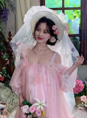 室内花漾写真婚纱照粘花带纱草帽
