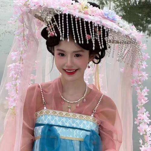 新款粘花粉色古风汉服摄影道具竹编斗笠影楼写真流苏飘逸面纱