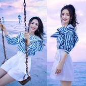 女春秋夏新款 明星佟丽娅生日同款 杨紫衬衫 白色短裤 条纹衬衣套装