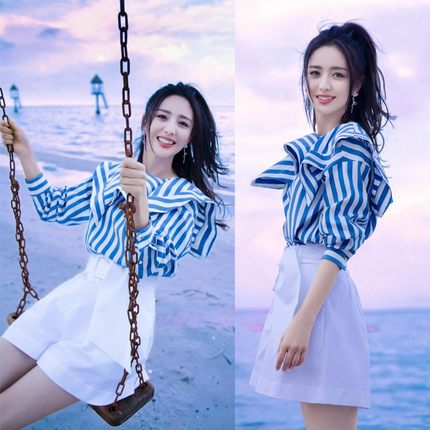 明星佟丽娅生日同款条纹衬衣套装白色短裤杨紫衬衫女春秋夏新款