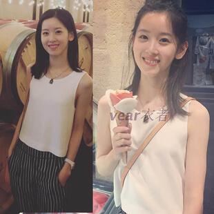 奶茶妹妹章泽天同款套装赵露思白色无袖上衣加条纹九分小脚裤夏女