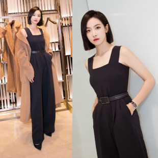 黑色连体阔腿裤 2021明星新款 背带裤 章泽天刘亦菲宋茜同款 夏 连身裤