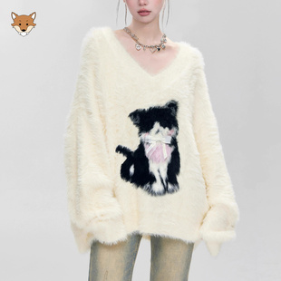 AprilFox英国小狐狸白色V领水貂绒套头毛衣女秋冬宽松软糯针织衫