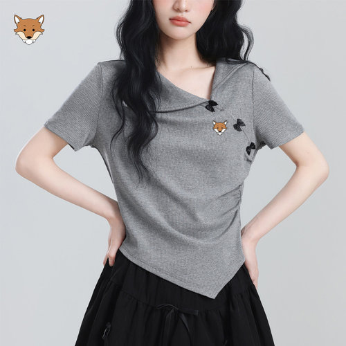 April Fox /英国小狐狸灰色蝴蝶结短袖T恤女 2026 季新款短款上