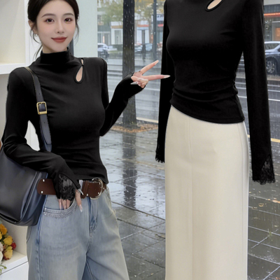 大码德绒半高领蕾丝打底长袖T恤