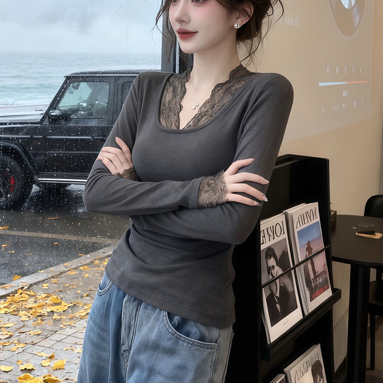 大码蕾丝德绒长袖显瘦打底T恤